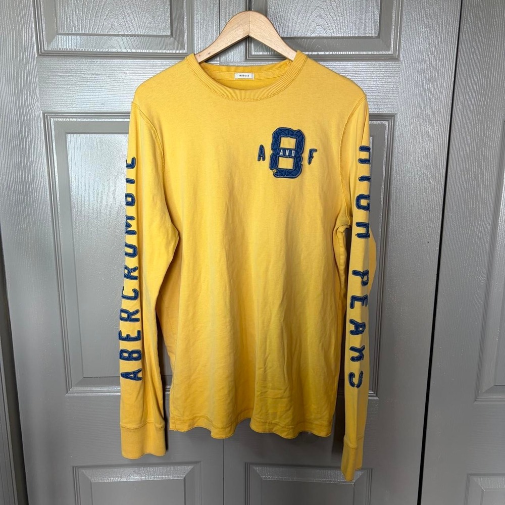 Abercrombie & Fitch Mens XXL Yellow Y2K Spellout Long Sleeve Muscle Fit Shirt